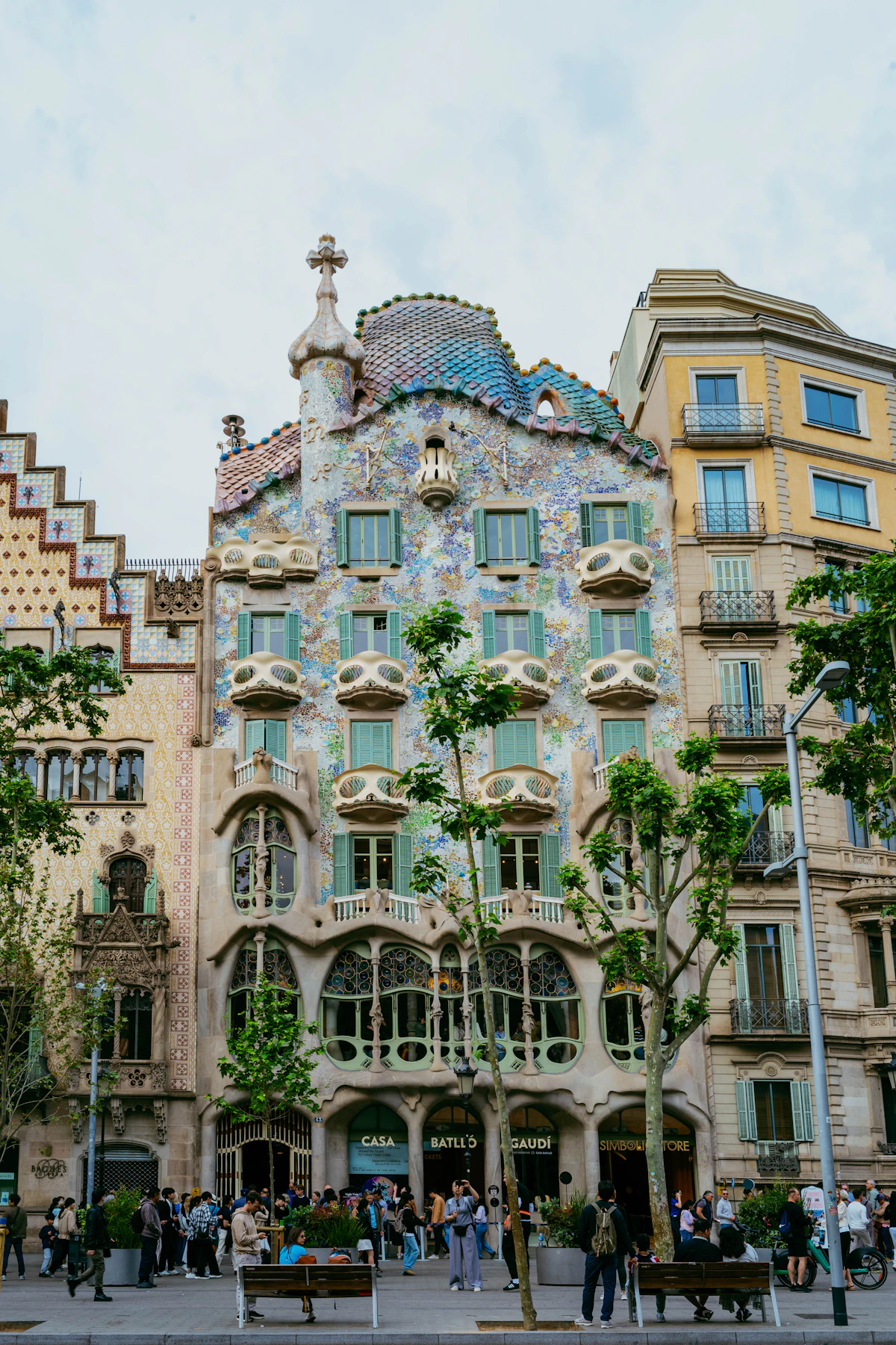 The colorful mosaic facade of Casa Batllo by Antoni Gaudi in Barcelona