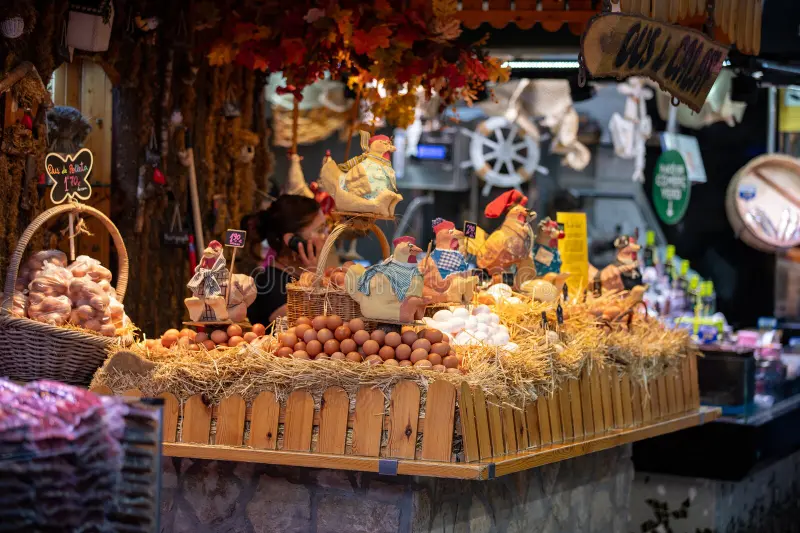 Fresh produce and colorful food stalls at the La Boqueria market in Barcelona